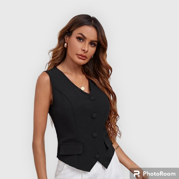 QYIQU Jackets & Blazers - 90's WOMENS BUTTON FRONT FLAP DETAIL VEST, BLACK XL